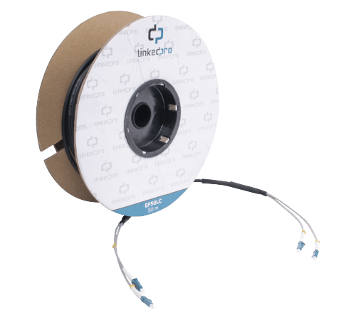 Carrete de Fibra Óptica Monomodo con conectores LC-LC Duplex, Reforzada con Kevlar, de 50 metros