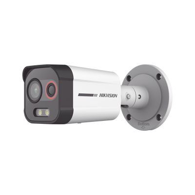 Bala IP Dual / Térmica 2.6 mm (96 × 72) / Óptico 6 mm (4 Megapixel) / 30 mts IR / Exterior IP67 / PoE / Termométrica / Detección de Temperatura / Sirena y Luz Intermitente Integrada / MicroSD 256 GB.